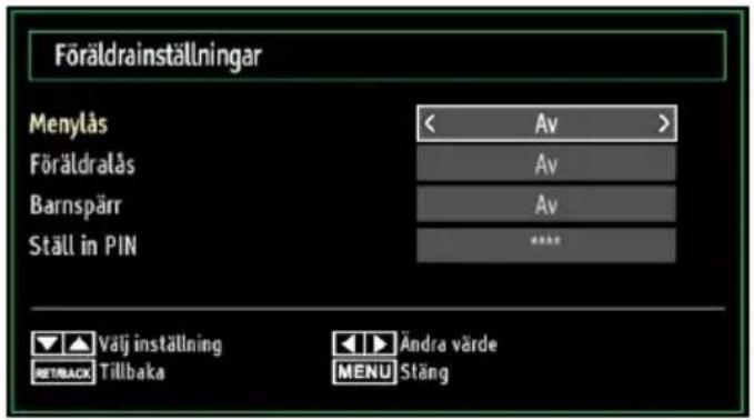 Föräldrainställningar Menylås < Av > Föräldralås Av Barnspärr Av Ställ in PIN **** Välj inställning Andra värde RETRACK Tillbaka MENU Stäng