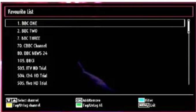 Favourite List 1. BBC ONE 2. BBC TWO 7. BBC THREE 70. CBBC Channel 80. BBC NEWS 24 105. BBCI S03. ITV HD Trial S04. Ch4 HD Trial S05. five HD Trial Select channel Add/Remove Ftop/unteg All Ftop/unteg All Ftop/unteg All Ftop/unteg All