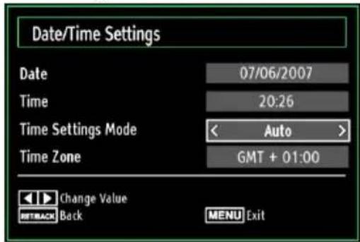 Date/Time Settings Date 07/06/2007 Time 20:26 Time Settings Mode < Auto > Time Zone GMT + 01:00 Change Value REBACK Back MENU Exit