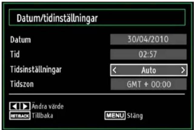 Datum/tidinställningar Datum 30/04/2010 Tid 02:57 Tidsinställningar < Auto > Tidszon GMT + 00:00 Ändra värde RETBACK Tillbaka MENU Stäng
