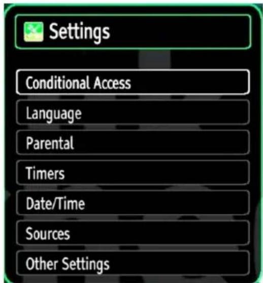 Settings Conditional Access Language Parental Timers Date/Time Sources Other Settings