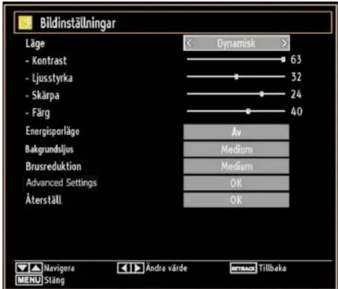 Bildinställningar Läge - Kontrast - Ljusstyrka - Skärpa - Färg Energisporläge Bakgrundsljus Brusreduktion Advanced Settings Äterställ Dynamisk 63 32 24 40 Av Medium Medium OK OK