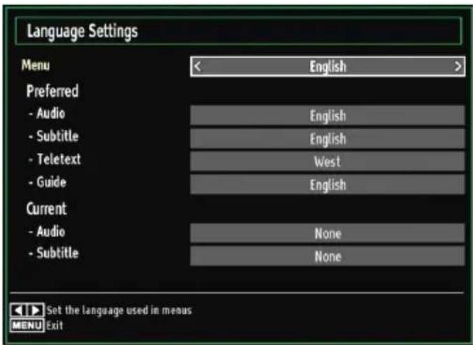 Language Settings Menu English Preferred - Audio English - Subtitle English - Teletext West - Guide English Current - Audio None - Subtitle None Set the language used in menus MENU Exit