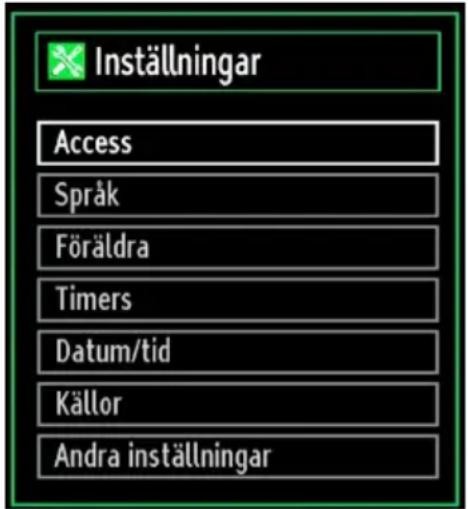 Inställningar Access Språk Föräldra Timers Datum/tid Källor Andra inställningar