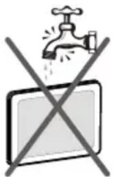 Safety warning symbol showing a faucet above a monitor with crossed-out lines indicating prohibition or exclusion.