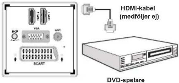 HDMI-1 HDMI-2 HDMI-1 SPCP VGA ANT GND TAT SCART HDMI-kabel (medföljer ej) DVD-spelare
