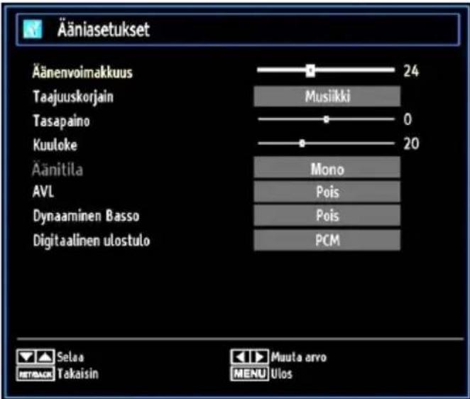 Ääniasetukset Äänenvoimakkuus 24 Taajuuskorjain Musikki Tasapaino 0 Kuuloke 20 Äänitila Mono AVL Pois Dynaaminen Basso Pois Digitaalinen ulostulo PCM Selaa Takaisin Mauta arvo MENU Ulos