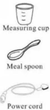 Measuring cup, meal spoon, power cord