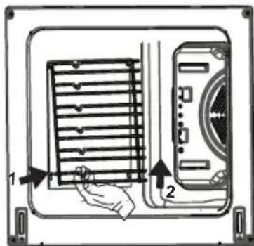 Diagram showing a hand pressing down on a rack with labeled parts 1 and 2, likely illustrating a mechanical or electrical component.