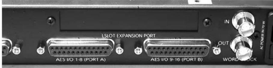 LSLOT EXPANSION PORT AES I/O 1-8 (PORT A) AES I/O 9-16 (PORT B) IN OUT WORD BLOCK AL POWER IN TO W