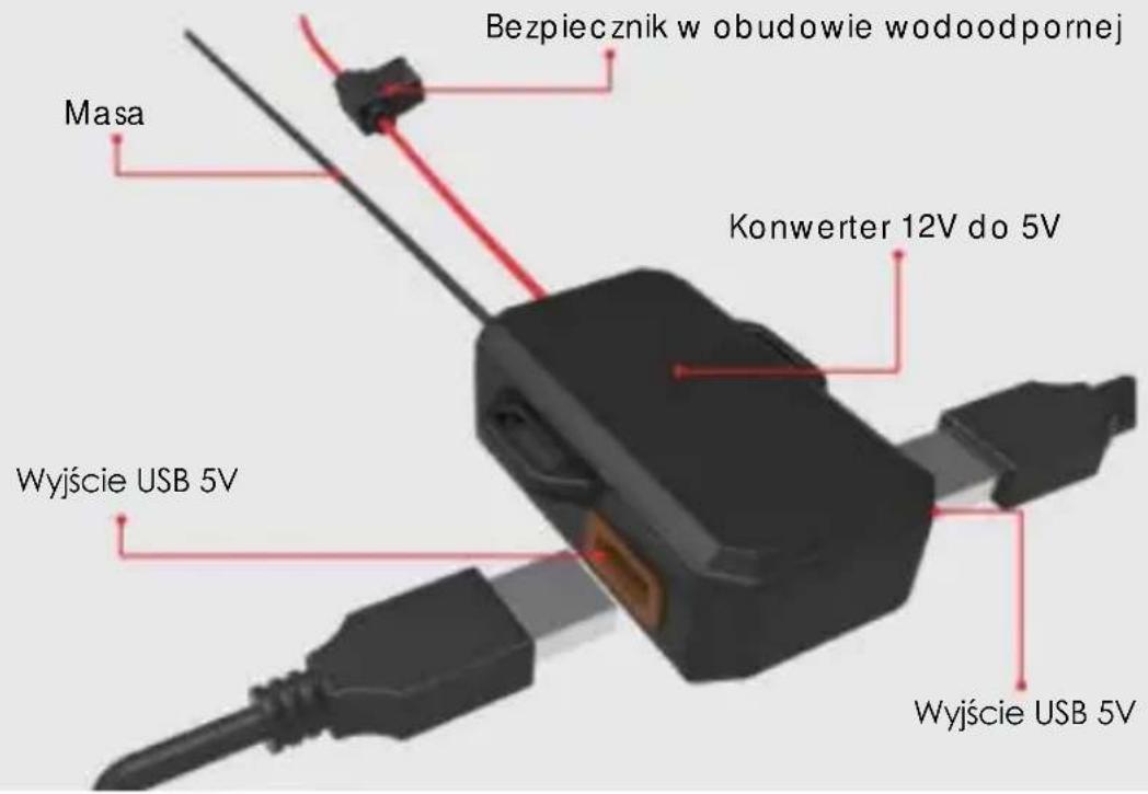 Bezpiecznik w obudowie wodoodpornej Masa Konwerter 12V do 5V Wyjście USB 5V Wyjście USB 5V