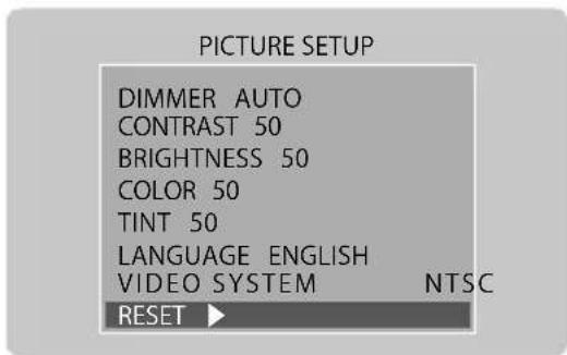 PICTURE SETUP DIMMER AUTO CONTRAST 50 BRIGHTNESS 50 COLOR 50 TINT 50 LANGUAGE ENGLISH VIDEO SYSTEM NTSC RESET ►