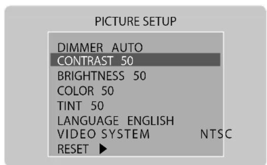 PICTURE SETUP DIMMER AUTO CONTRAST 50 BRIGHTNESS 50 COLOR 50 TINT 50 LANGUAGE ENGLISH VIDEO SYSTEM NTSC RESET ▶