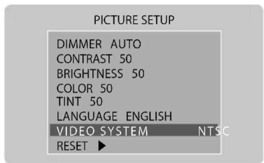 PICTURE SETUP DIMMER AUTO CONTRAST 50 BRIGHTNESS 50 COLOR 50 TINT 50 LANGUAGE ENGLISH VIDEO SYSTEM NTSC RESET ▶