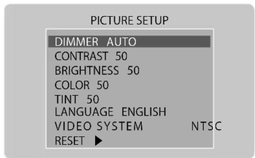 PICTURE SETUP DIMMER AUTO CONTRAST 50 BRIGHTNESS 50 COLOR 50 TINT 50 LANGUAGE ENGLISH VIDEO SYSTEM NTSC RESET ►