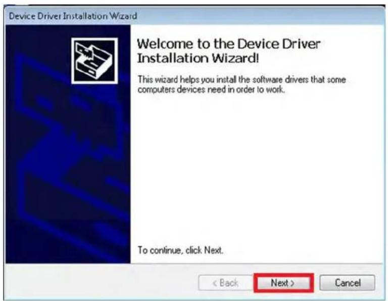 Device Driver Installation Wizard Welcome to the Device Driver Installation Wizard! This wizard helps you install the software drivers that some computers devices need in order to work. To continue, click Next. < Back Next > Cancel