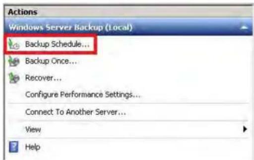 Actions Windows Server Backup (Local) Backup Schedule... Backup Once... Recover... Configure Performance Settings... Connect To Another Server... View Help