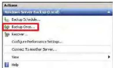 Actions Windows Server Backup (Local) Backup Schedule... Backup Once... Recover... Configure Performance Settings... Connect: To Another Server... View Help
