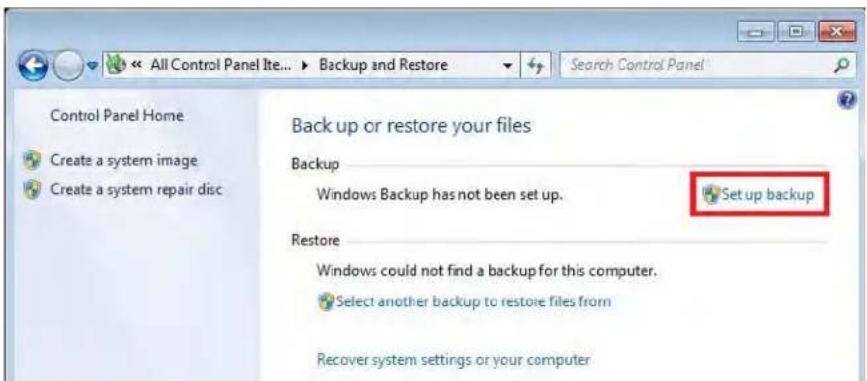 All Control Panel Ite... ▶ Backup and Restore Search Control Panel Control Panel Home Create a system image Create a system repair disc Back up or restore your files Backup Windows Backup has not been set up. Set up backup Restore Windows could not find a backup for this computer. Select another backup to restore files from Recover system settings or your computer
