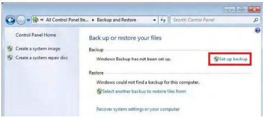 All Control Panel Ite... ▶ Backup and Restore Search Control Panel Control Panel Home Create a system image Create a system repair disc Back up or restore your files Backup Windows Backup has not been set up. Set up backup Restore Windows could not find a backup for this computer. Select another backup to restore files from Recover system settings or your computer