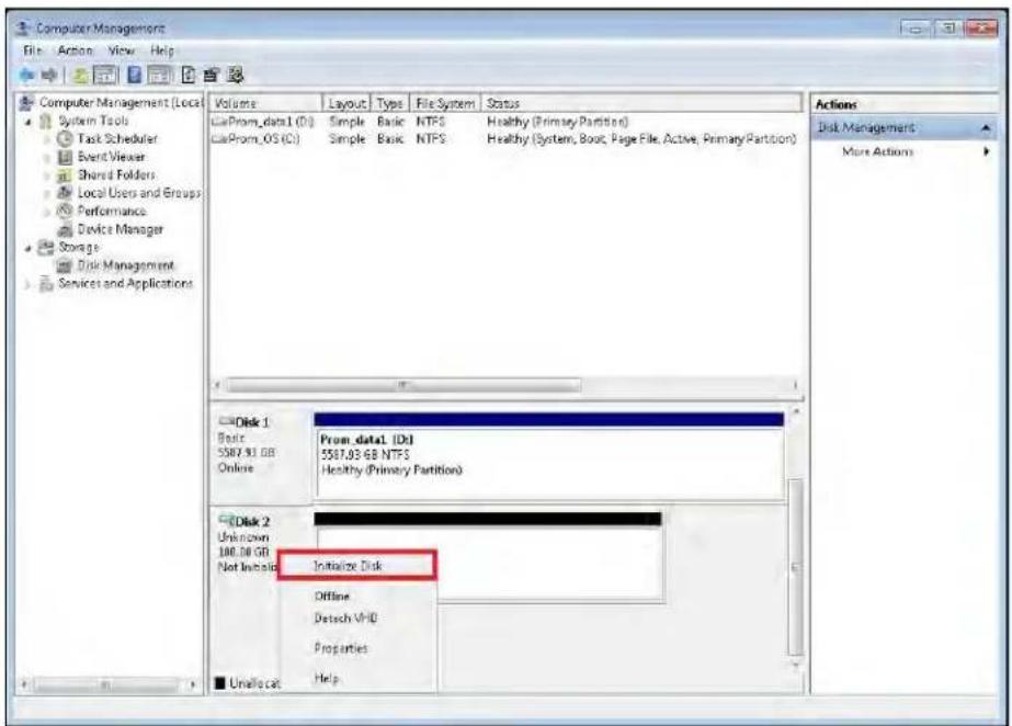 Computer Management File Action View Help Computer Management (Local System Tools Task Scheduler Event Viewer Shared Folders Local Users and Groups Performance Device Manager Storage Disk Management Services and Applications Volume Layout Type File System Status LaProm_data1 (D:) Simple Basic NTFS Healthy (Primary Partition) LaProm_OS (C:) Simple Basic NTFS Healthy (System, Boot, Page File, Active, Primary Partition) Disk 1 Basic 5587.93 GB Online Proem_data1 (D:) 5587.93 GB NTFS Healthy (Primary Partition) Disk 2 Unknown 100.00 GB Not InInitial Initialize Disk Offline Detsch VH0 Properties Unallocat Help Actions Disk Management More Actions