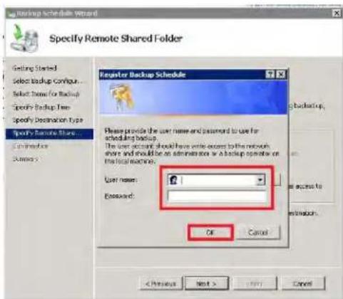Specify Remote Shared Folder Getting Started Select Backup Config... Select Home for Backup Specify Backup Time Specify Destination Type Specify Remote Share... Cancel Options Premaster Backup Schedule Please provide the user name and password to use for scheduling backup. The user account should have write access to the network share and should be an administration or a backup operator on the local machine. User name: Password: OK Cancel < Previous Next > Cancel