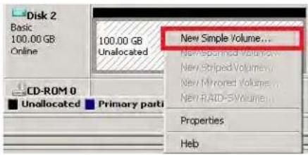 Disk 2 Basic 100.00 GB Online 100.00 GB Unallocated CD-ROM 0 Unallocated Primary parti New Simple Volume... New Spanned Volume... New Striped Volume... New Mirrored Volume... New RAID-SVolumen Properties Help