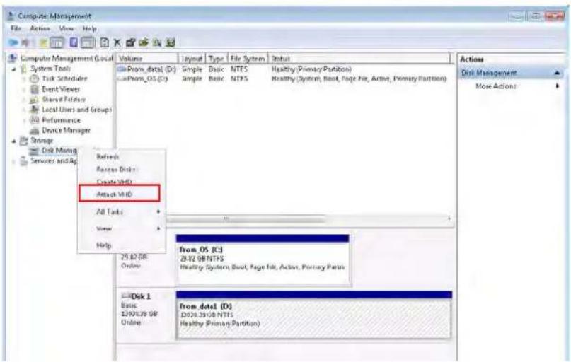 Computer Management File Action View Help Volume Layout Type File System Status from_data1 (D:) Simple Basic NTFS Healthy (Primary Partition) from OS (C:) Simple Basic NTFS Healthy (System, Boot, Page File, Active, Primary Partition) Attach VHD All Tools View Help 29.82 GB Online From OS (C:) 29.82 GB NTFS Healthy Systems, Boot, Page File, Active, Primary Partis Disk 1 Basic L3076.29 GB Online from_data1 (D:) L3076.29 GB NTFS Healthy (Primary Partition) Actions Disk Management More Actions