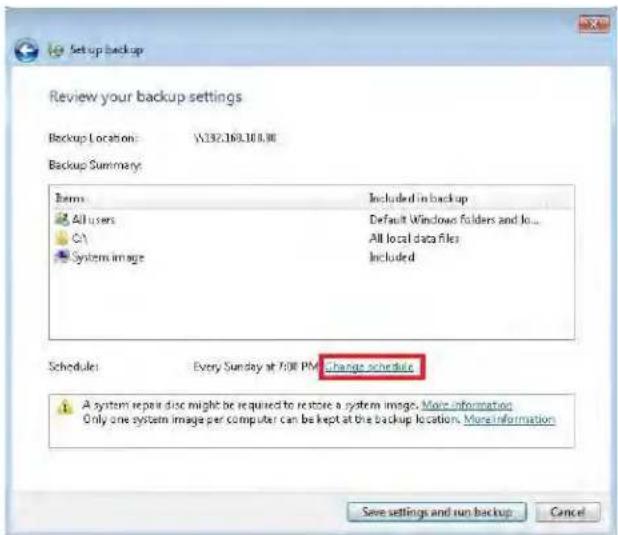 Set up backup Review your backup settings Backup Location: \232.169.180.00 Backup Summary: Items Included in backup All users Default Windows folders and loc... C:\System image All local data files Included Scheduled: Every Sunday at 7:00 PM Change schedule A system repair disc might be required to restore a system image. More information Only one system image per computer can be kept at the backup location. More information Save settings and run backup Cancel
