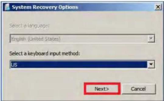 System Recovery Options Select a language: English (United States) Select a keyboard input method: US Next > Cancel