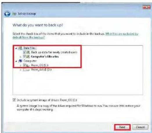 Set up backup What do you want to back up? Select the check box of the demo that you want to include in the backup. What first are excluded by default from the backup? Data Files: Back up data for newly created users Computer's Libraries Computer From_OS (C:) Line From_Data (D:) Include a system image of drivers From_OS (C:) A system image is a copy of the drivers required for Windows to run. You can use it to restore your computer if it is done nothing. Next Cancel
