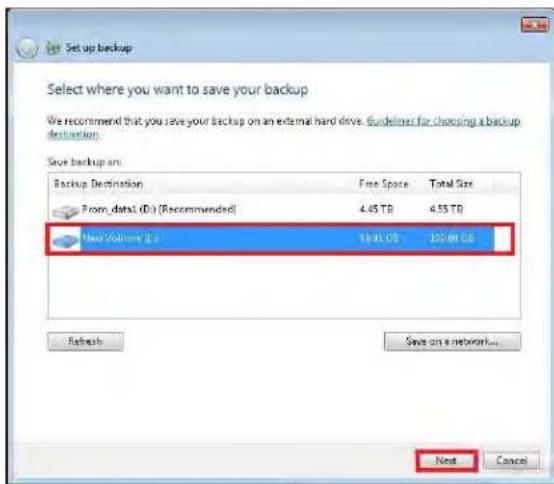 Set up backup Select where you want to save your backup We recommend that you save your backup on an external hard drive. Guidelines for choosing a backup destination. Save backup are: Backup Destination Free Space Total Size From data1 (D:) (Recommended) 4.45 TB 4.55 TB New Volume 3.2 100 KB Refresh Save on a network... Next Cancel