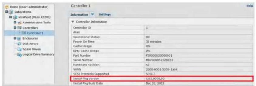 Home (User: administrator) Subsystems localhost (Vess A2200) Administrative Tools Controllers Controller 1 Enclosures Disk Arrays Spare Drives Logical Drive Summary Controller 1 Information Settings Controller Information Controller ID 1 Alias Operational Status OK Power On Time 35 minutes Cache Usage 0% Dirty Cache Usage 0% Part Number F29000020000001 Serial Number MB7000055128123 Hardware Revision A2 WWW 2000-8001-5555-1a64 SCSI Protocols Supported SCSI-3 Install Plug Version 1.02.0000,80 Install Plug Build Date Dec 31, 2013