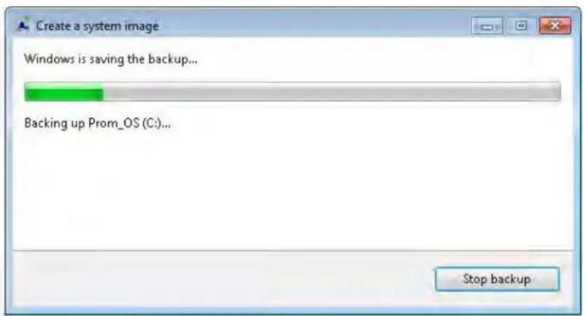 Create a system image Windows is saving the backup... Backing up Prom_OS (C...) Stop backup