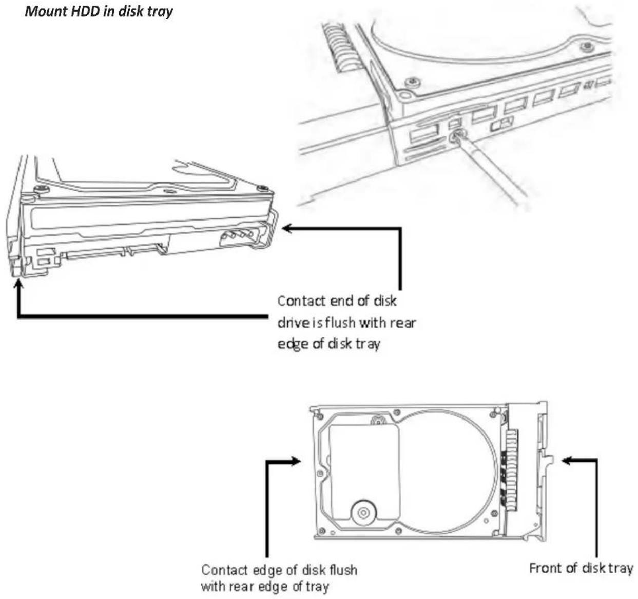 Mount HDD in disk tray Contact end of disk drive is flush with rear edge of disk tray Contact edge of disk flush with rear edge of tray Front of disk tray