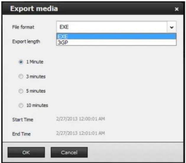 Export media File format EXE Export length EXE 3GP 1 Minute 3 minutes 5 minutes 10 minutes Start Time 2/27/2013 12:00:01 AM End Time 2/27/2013 12:01:01 AM OK Cancel