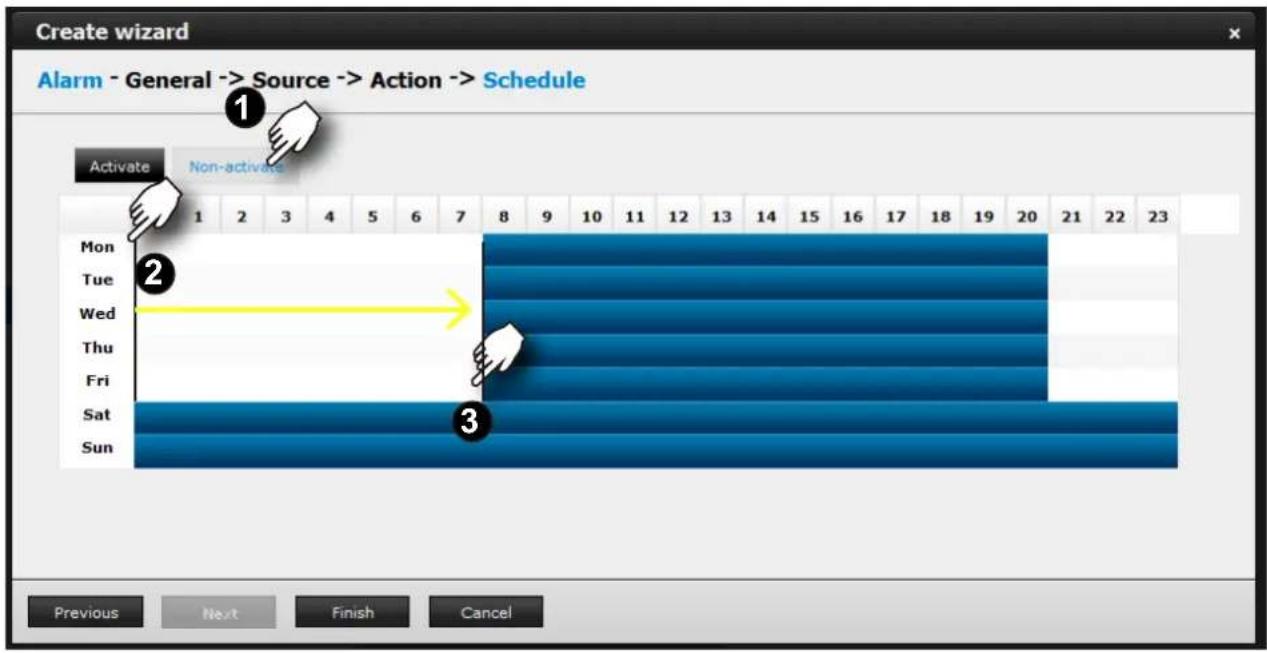 Create wizard Alarm - General -> Source -> Action -> Schedule Activate Non-activates Mon Tue Wed Thu Fri Sat Sun Previous Next Finish Cancel