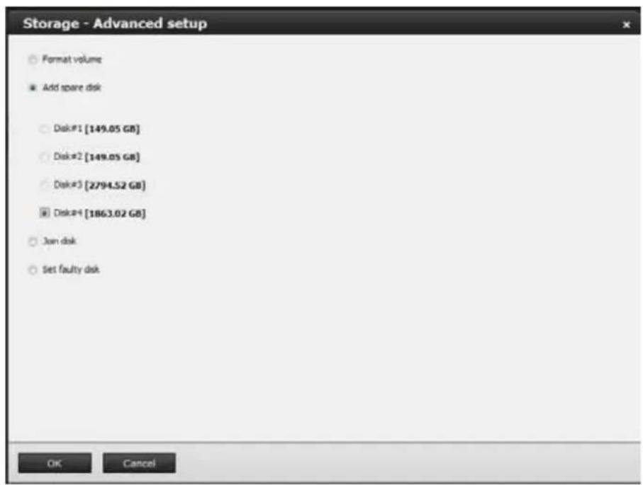 Storage - Advanced setup Format volume Add spare disk Disk#1 [149.05 GB] Disk#2 [149.05 GB] Disk#3 [2794.52 GB] Disk#4 [1863.02 GB] Join disk Set faulty disk OK Cancel