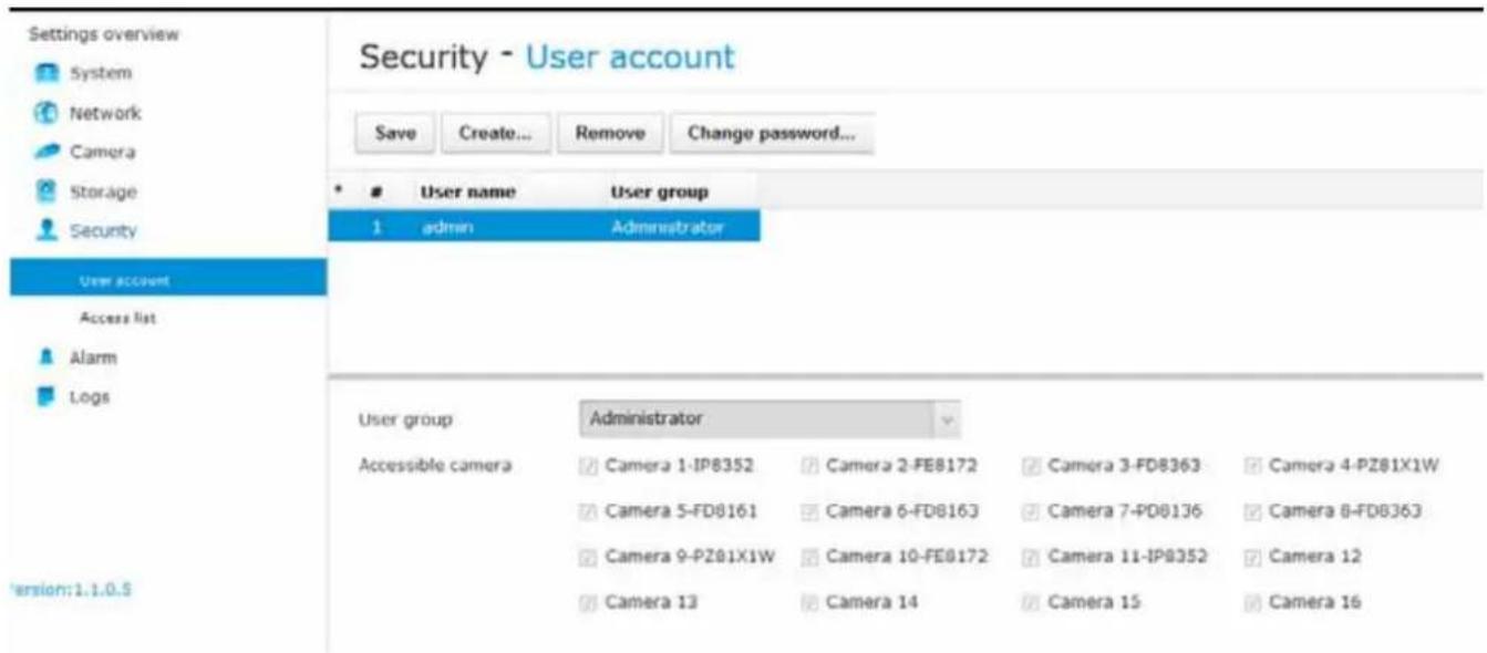 Settings overview System Network Camera Storage Security User account Access list Alarm Logs Security - User account Save Create... Remove Change password... * User name User group 1 admin Administrator User group Administrator Accessible camera Camera 1-IP8352 Camera 2-FE8172 Camera 3-FD8363 Camera 4-PZ81X1W Camera 5-FD8161 Camera 6-FD8163 Camera 7-PD8136 Camera 8-FD8363 Camera 9-PZ81X1W Camera 10-FE8172 Camera 11-IP8352 Camera 12 Camera 13 Camera 14 Camera 15 Camera 16 version:1.1.0.5