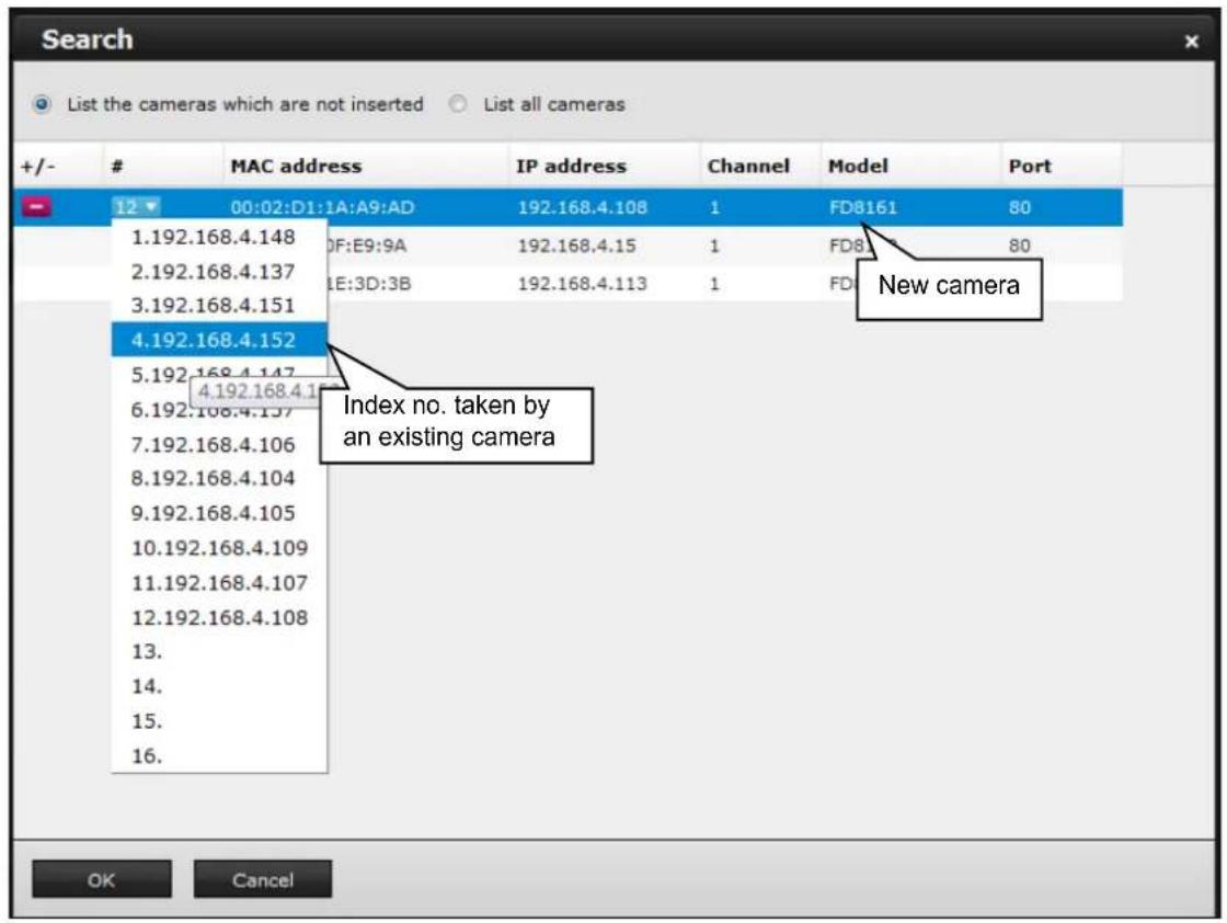 Search List the cameras which are not inserted List all cameras +/- # MAC address IP address Channel Model Port 12 00:02:D1:1A:A9:AD 192.168.4.108 1 FD8161 80 1.192.168.4.148 DF:E9:9A 192.168.4.15 1 FD8 80 2.192.168.4.137 E:3D:3B 192.168.4.113 1 FD 3.192.168.4.151 4.192.168.4.152 5.192.168.4.147 4.192.168.4.15 6.192.168.4.137 7.192.168.4.106 8.192.168.4.104 9.192.168.4.105 10.192.168.4.109 11.192.168.4.107 12.192.168.4.108 13. 14. 15. 16. Index no. taken by an existing camera OK Cancel