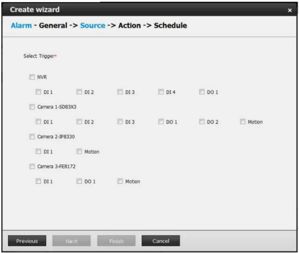 Create wizard Alarm - General -> Source -> Action -> Schedule Select Trigger* NVR DI 1 DI 2 DI 3 DI 4 DO 1 Camera 1-SD83X3 DI 1 DI 2 DI 3 DO 1 DO 2 Motion Camera 2-IP8330 DI 1 Motion Camera 3-FE8172 DI 1 DO 1 Motion Previous Next Finish Cancel