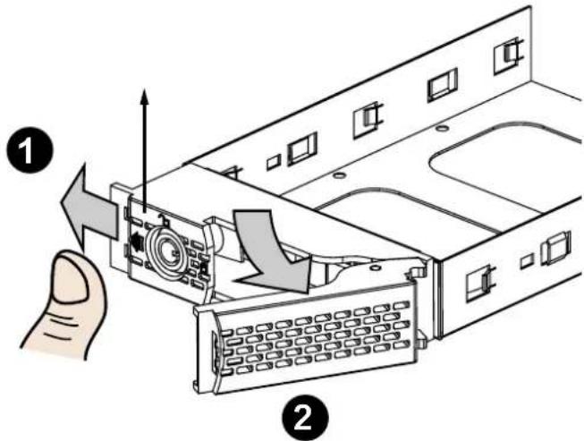 Diagram showing a device being inserted into a rack, with numbered annotations indicating process steps.