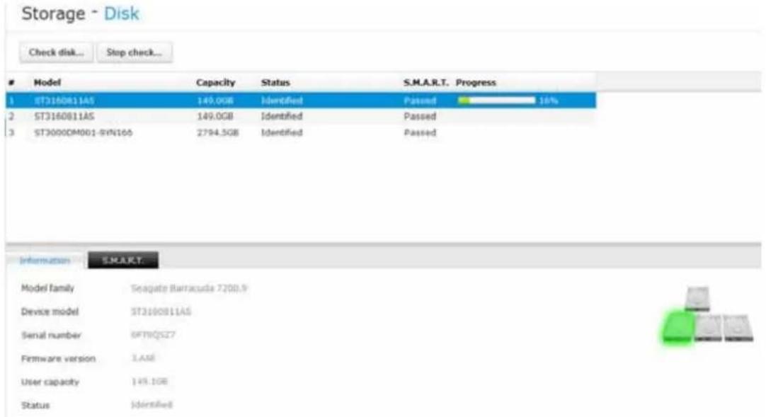 Storage - Disk Check disk... Stop check... Model Capacity Status S.M.A.R.T. Progress 1 ST3160811AS 149.0GB Identified Passed 16% 2 ST3160811AS 149.0GB Identified Passed 3 ST3000DM001-SYN166 2794.5GB Identified Passed Information SMART. Model family Separate Barracuda 7200.9 Device model ST3160811AS Serial number 6FTBQ5Z7 Firmware version 3.AAE User capacity 149.10B Status Identified