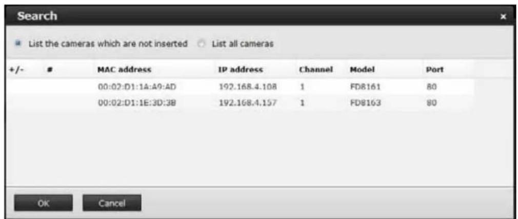 Search List the cameras which are not inserted List all cameras +/- MAC address IP address Channel Model Port 00:02:D1:1A:A0:AD 192.168.4.108 1 FD8161 80 00:02:D1:1E:3D:3B 192.168.4.157 1 FD8163 80 OK Cancel