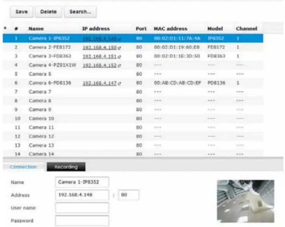 Save Delete Search... * # Name IP address Port MAC address Model Channel 1 Camera 1-IPB352 192.168.4.148 80 00:02:D1:11:7A:4A IPB352 1 2 Camera 2-FEB172 192.168.4.150 80 00:02:D1:19:60:E8 FEB172 1 3 Camera 3-FD8363 192.168.4.151 80 00:02:D1:1E:3D:S0 FD8363 1 4 Camera 4-PZ81X1W 192.168.4.152 80 --- --- --- 5 Camera 5 80 --- --- --- 6 Camera 6-PD8136 192.168.4.147 80 00:AB:CD:AB:CD:EF PD8136 1 7 Camera 7 80 --- --- --- 8 Camera 8 80 --- --- --- 9 Camera 9 80 --- --- --- 10 Camera 10 80 --- --- --- 11 Camera 11 80 --- --- --- 12 Camera 12 80 --- --- --- 13 Camera 13 80 --- --- --- 14 Camera 14 80 --- --- --- Connection Recording Name Camera 1-IPB352 Address 192.168.4.148 : 80 User name Password