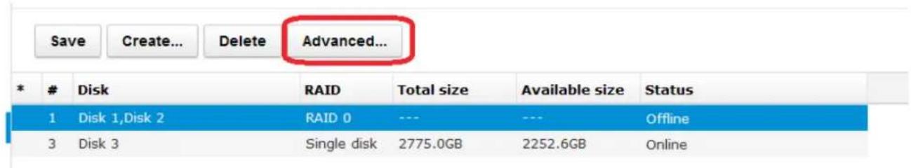 Save Create... Delete Advanced... * # Disk RAID Total size Available size Status 1 Disk 1,Disk 2 RAID 0 --- --- Offline 3 Disk 3 Single disk 2775.0GB 2252.6GB Online