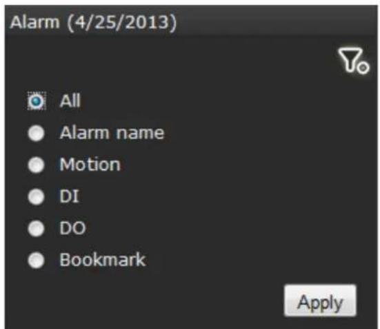 Alarm (4/25/2013) All • Alarm name • Motion • DI • DO • Bookmark Apply