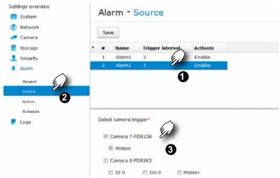 Settings overview System Network Camera Storage Security Alarm General Source Action Schedule Logs Alarm - Source Save Name Trigger interval Activate 1 Alarm1 3 Enable 2 Alarm2 3 Enable Select camera trigger** Camera 7-PD8136 Motion Camera 8-PD8363 DI 0 DO 0 Motion