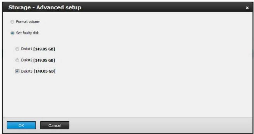 Storage - Advanced setup Format volume Set faulty disk Disk#1 [149.05 GB] Disk#2 [149.05 GB] Disk#3 [149.05 GB] OK Cancel