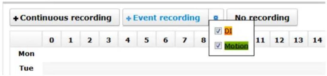+ Continuous recording + Event recording No recording 0 1 2 3 4 5 6 7 8 ✓ DI ✓ Motion 11 12 13 14 Mon Tue